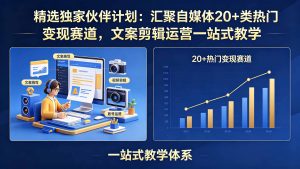 精选独家伙伴计划：汇聚自媒体20+类热门变现赛道，文案剪辑运营一站式教学-资源宝库