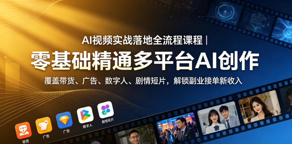 AI视频实战落地全流程课程｜零基础精通多平台AI创作，覆盖带货、广告、数字人、剧情短片，解锁副业接单新收入-资源宝库