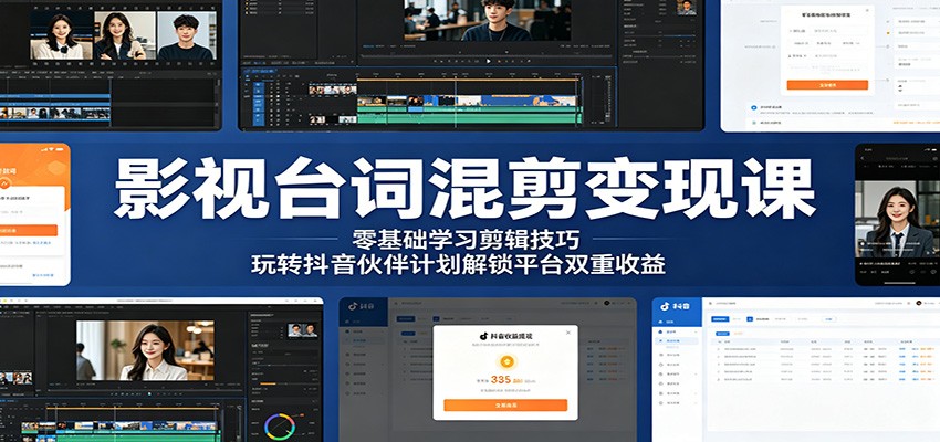 影视台词混剪变现课:零基础学习剪辑技巧,玩转抖音伙伴计划解锁平台双重收益-资源宝库