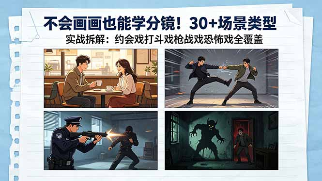 不会画画也能学分镜!30+场景类型实战拆解:约会戏打斗戏枪战戏恐怖戏全覆盖-资源宝库