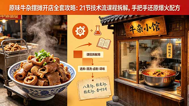 原味牛杂摆摊开店全套攻略：21节技术流课程拆解，手把手还原爆火配方-资源宝库