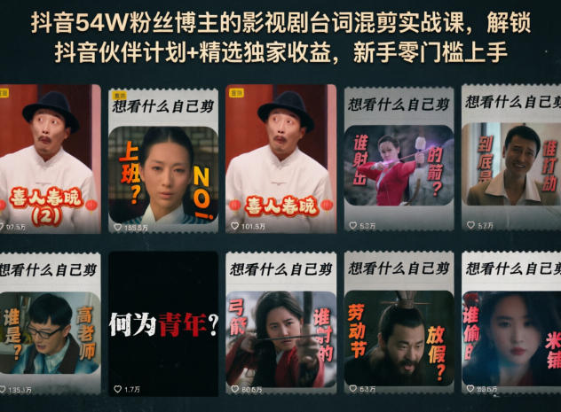 抖音54W粉丝博主的影视剧台词混剪实战课，解锁抖音伙伴计划+精选独家收益，新手零门槛上手-资源宝库