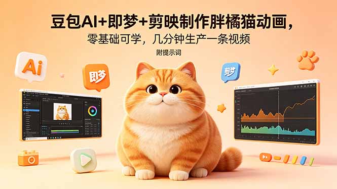 豆包AI+即梦+剪映制作胖橘猫动画，零基础可学，几分钟生产一条视频，附提示词-资源宝库