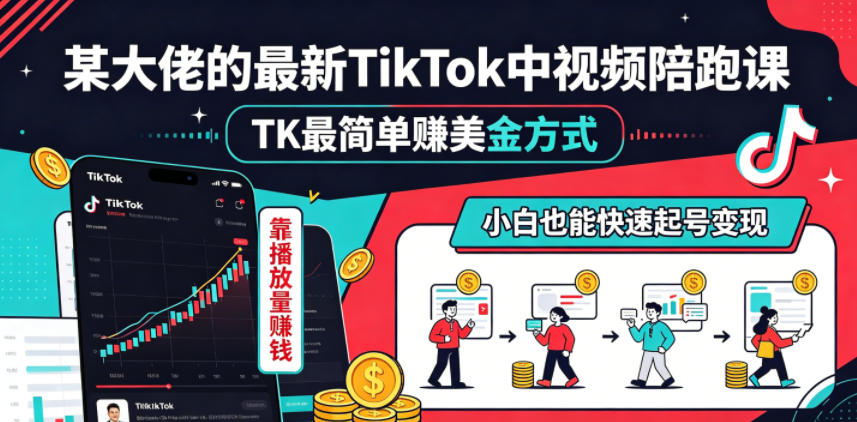 某大佬的最新TikTok中视频陪跑课，TK最简单賺美金方式，靠播放量賺钱，小白也能快速起号变现-资源宝库
