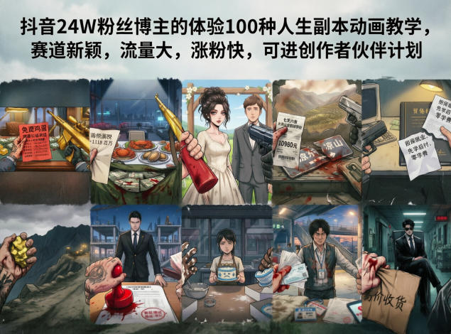 抖音24W粉丝博主的体验100种人生副本动画教学，赛道新颖，流量大，涨粉快，可进创作者伙伴计划-资源宝库
