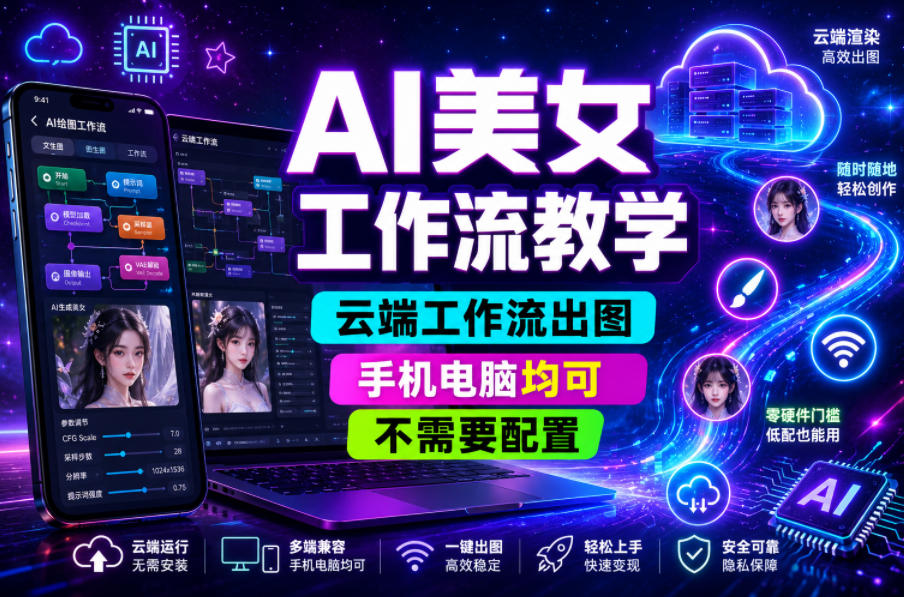 AI美女工作流教学，云端工作流出图，手机电脑均可，不需要配置，快速起号涨粉-资源宝库