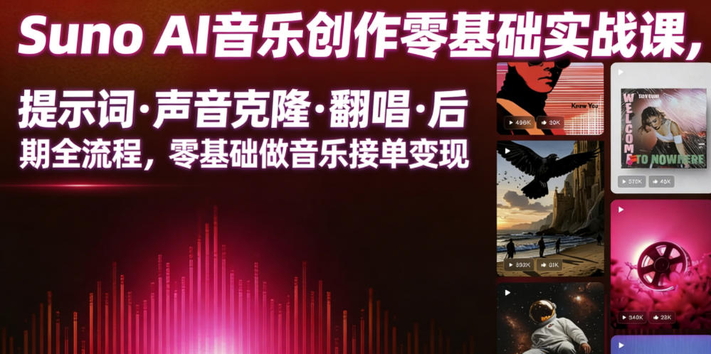 Suno AI音乐创作实战课，提示词・声音克隆・翻唱・后期全流程，零基础做音乐接单变现-资源宝库
