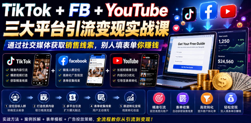 TikTok+FB+YouTube三大平台引流变现实战课，通过社交媒体获取销售线索，别人填表单你賺钱【原创双语字幕】-资源宝库