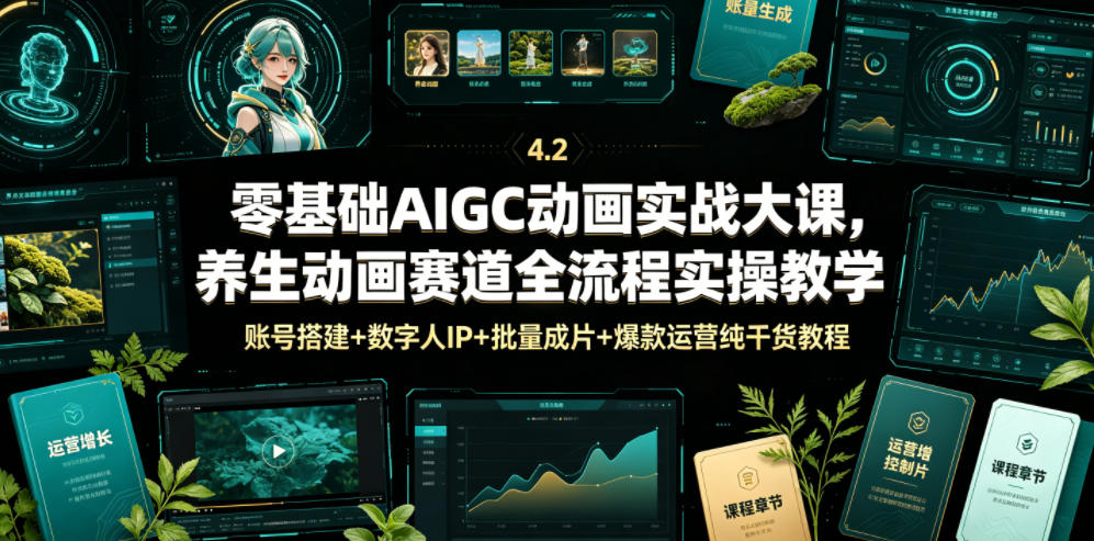 零基础AIGC动画实战大课，养生动画赛道全流程实操教学，账号搭建+数字人IP+批量成片+爆款运营纯干货教程-资源宝库