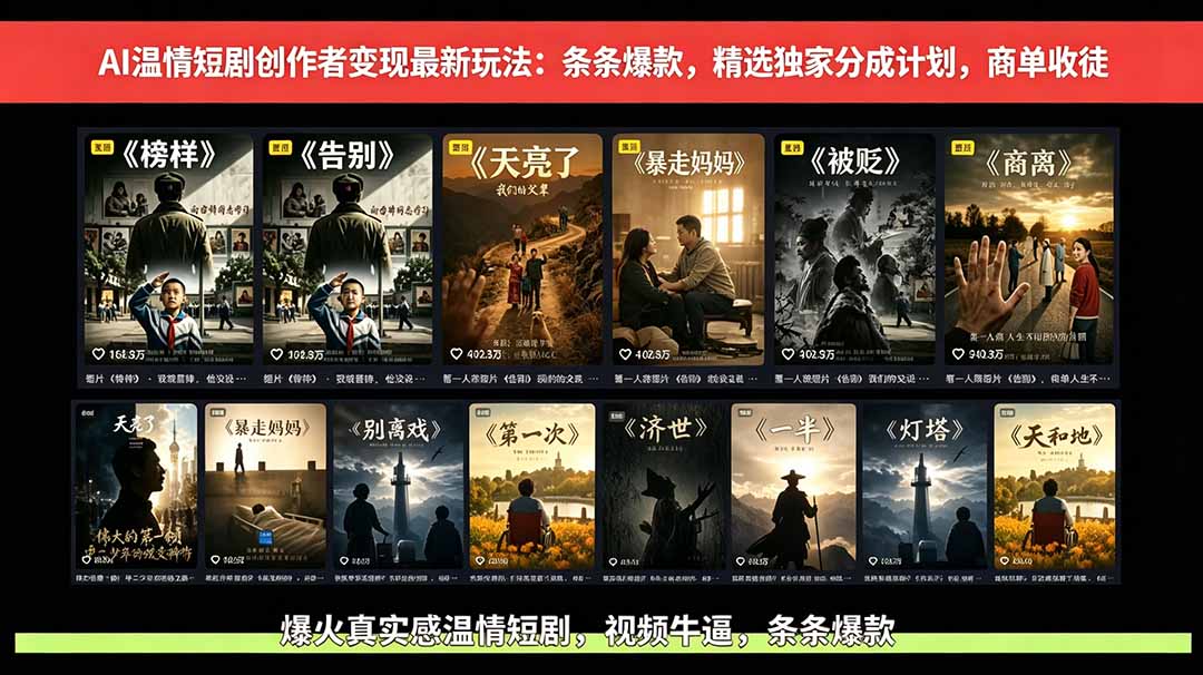 AI温情短剧创作者变现最新玩法：视频牛逼，条条爆款，精选独家分成计划，商单收徒-资源宝库