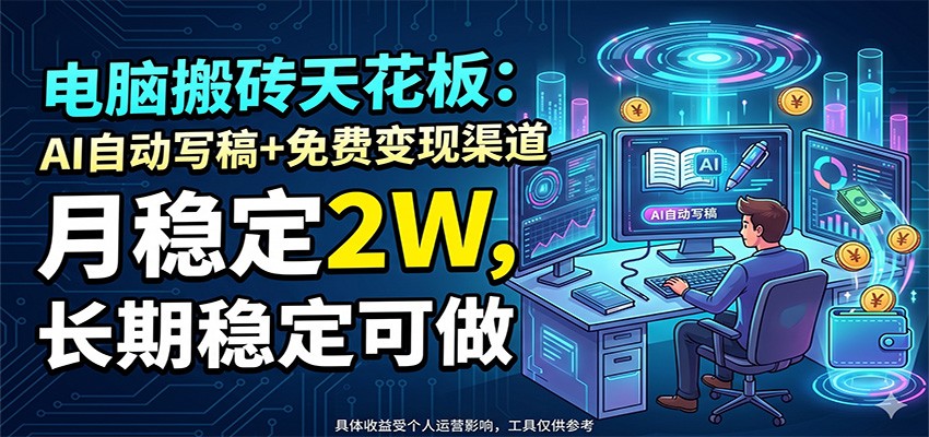 电脑搬砖天花板：AI自动写稿+免费变现渠道，月稳定2W，长期稳定可做-资源宝库