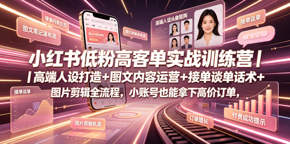 小红书低粉高客单实战训练营｜高端人设打造+图文内容运营+接单谈单话术+图片剪辑全流程，小账号也能拿下高价订单-资源宝库