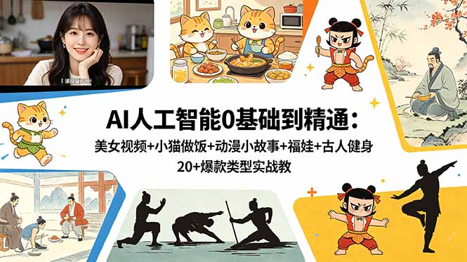 AI人工智能0基础到精通：美女视频+小猫做饭+动漫小故事+福娃+古人健身，20+爆款类型实战教学-资源宝库