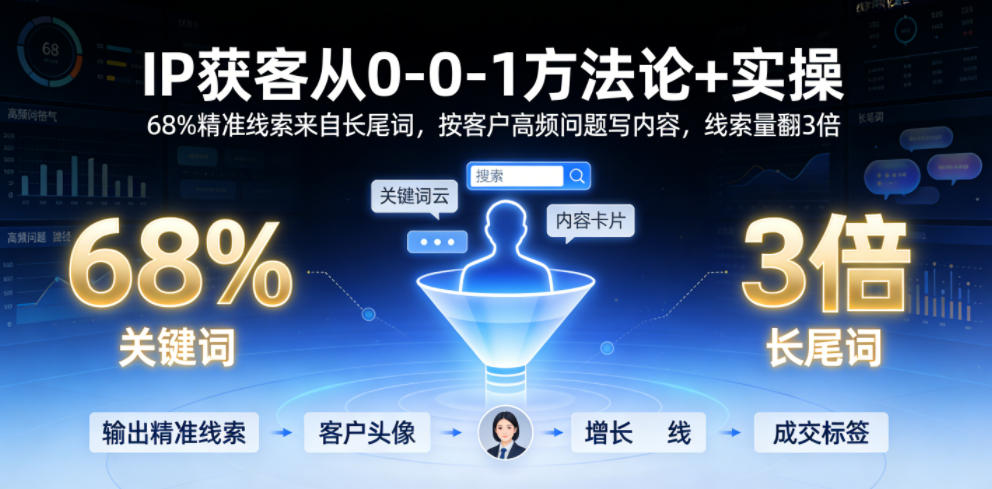 IP获客从0-1方法论+实操，68%精准线索来自长尾词，按客户高频问题写内容，线索量翻3倍-资源宝库