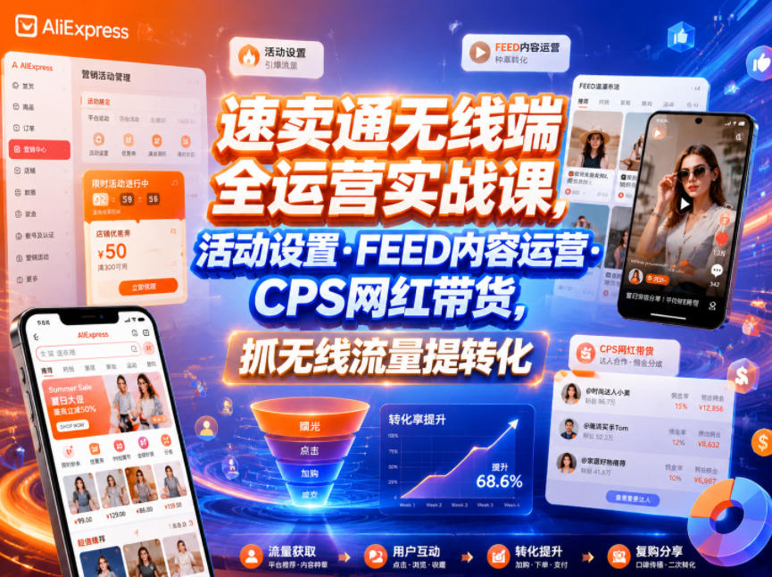 速卖通无线端全运营实战课，活动设置・FEED内容运营・CPS网红带货，抓无线流量提转化-资源宝库