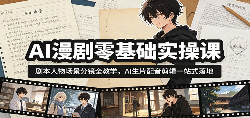AI漫剧零基础实操课：剧本人物场景分镜全教学，AI生片配音剪辑一站式落地-资源宝库