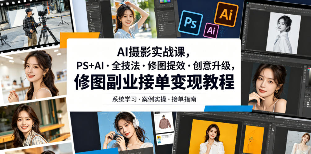 AI摄影实战课，PS+AI・全技法・修图提效・创意升级，修图副业接单变现教程-资源宝库