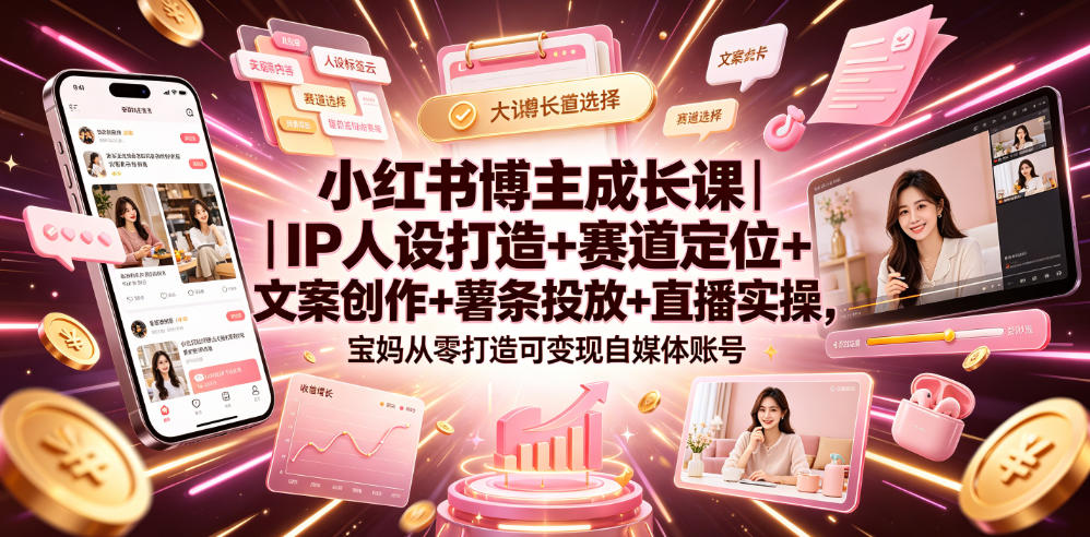 小红书博主成长课｜IP人设打造+赛道定位+文案创作+薯条投放+直播实操，宝妈从零打造可变现自媒体账号-资源宝库