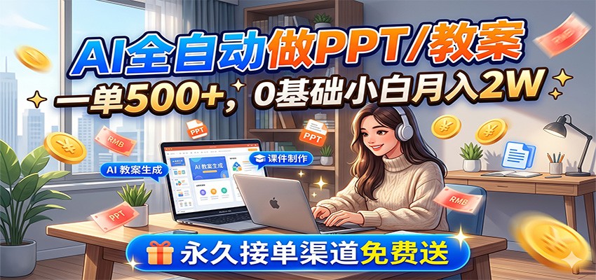AI全自动做PPT/教案,一单500+,0基础小白月入2W,永久接单渠道免费送-资源宝库