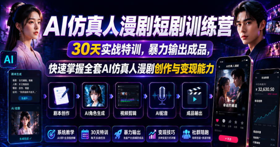 AI仿真人漫剧短剧训练营，30天实战特训，暴力输出成品，快速掌握全套AI仿真人漫剧创作与变现能力-资源宝库
