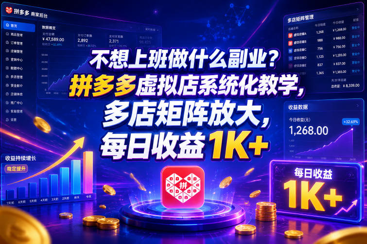 不想上班做什么副业？拼多多虚拟店系统化教学，多店矩阵放大，每日收益1K+【揭秘】-资源宝库