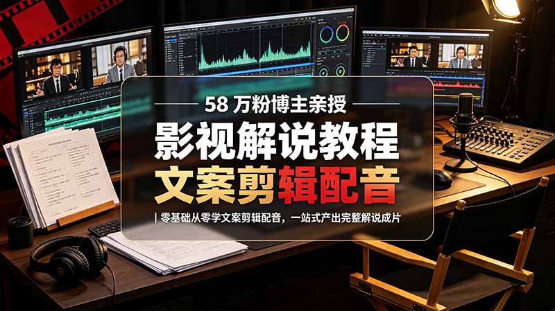 58 万粉博主荧幕春秋亲授影视解说教程｜零基础从零学文案剪辑配音，一站式产出完整解说成片-资源宝库