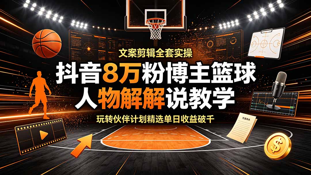 抖音8万粉博主篮球人物解说教学，文案剪辑全套实操，玩转伙伴计划精选单日收益破千-资源宝库