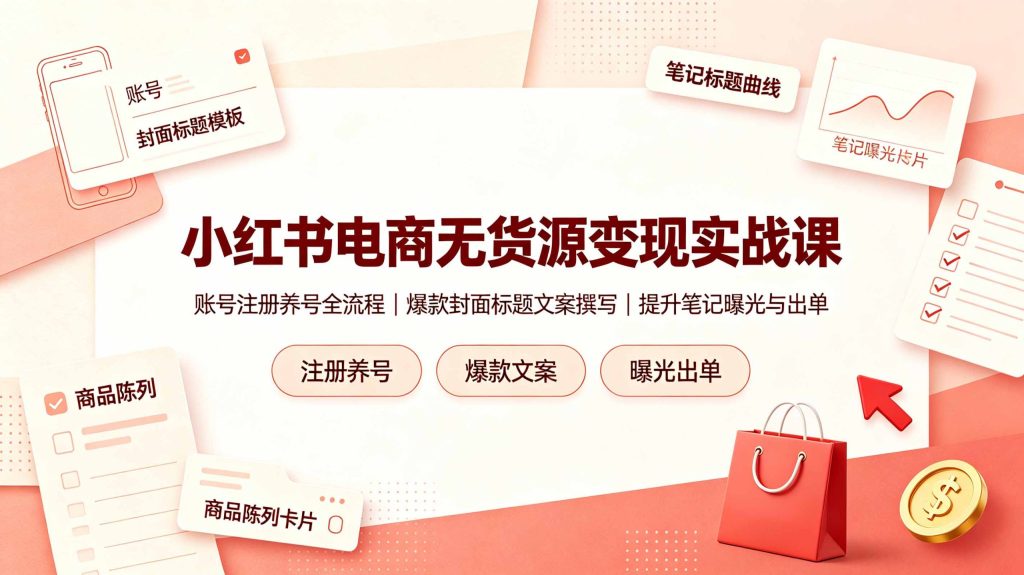 小红书电商无货源变现实战课，账号注册养号全流程，爆款封面标题文案撰写提升笔记曝光与出单-资源宝库