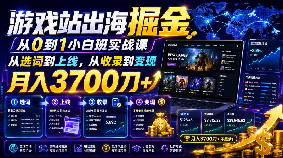 游戏站出海掘金从0到1小白实战课，从选词到上线，从收录到变现，月入3700刀+-资源宝库