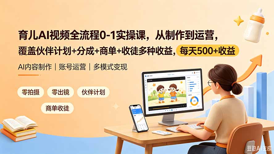 育儿AI视频全流程0-1实操课,从制作到运营,覆盖伙伴计划+分成+商单+收徒多种收益,每天500+收益-资源宝库