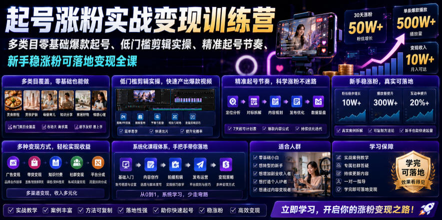 苗子起号涨粉实战变现训练营,多类目零基础爆款起号、精准起号节奏、新手稳涨粉可落地变现全课-资源宝库