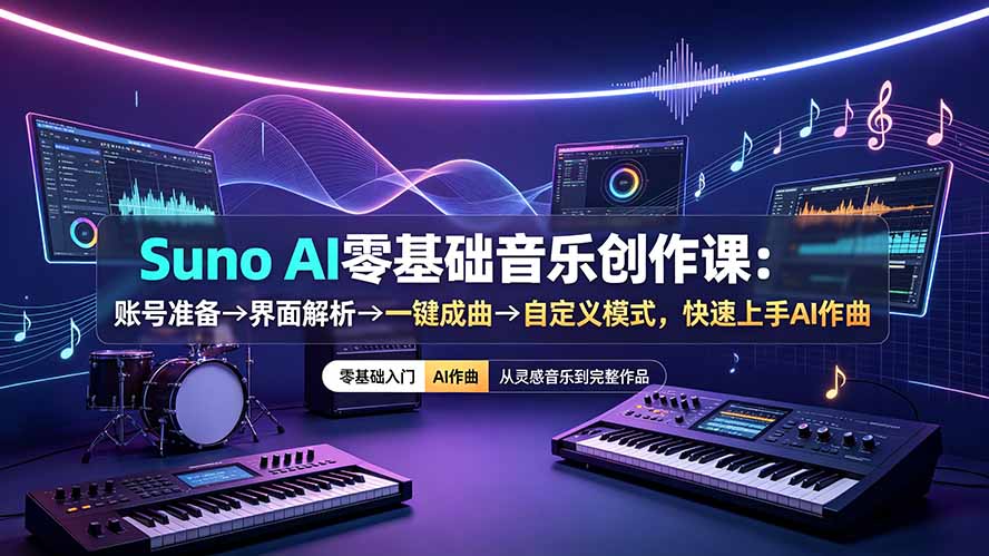 Suno AI零基础音乐创作课:账号准备→界面解析→一键成曲→自定义模式,快速上手AI作曲-资源宝库