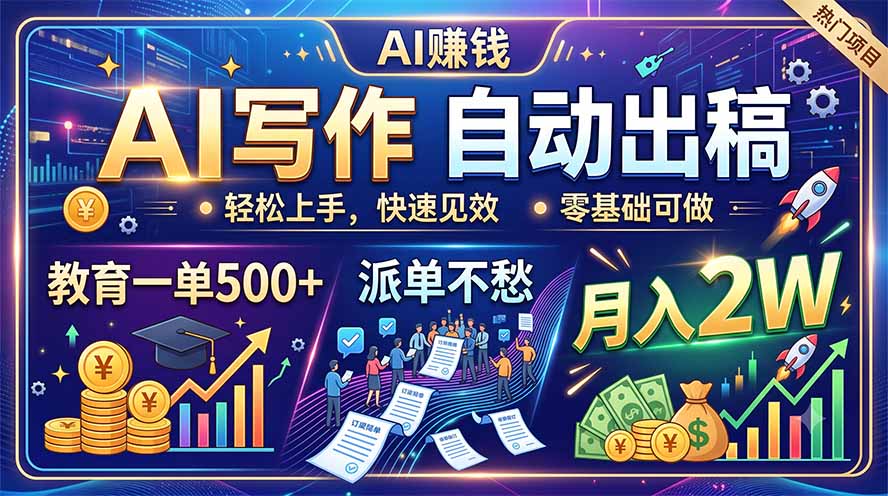 AI写作自动出稿，教育一单500+，派单不愁，月入2W-资源宝库