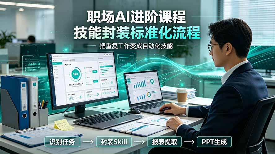 职场AI进阶课程；多类实用Skill工具实操，专属技能封装标准化流程，报表行业报告一键提取核心内容-资源宝库