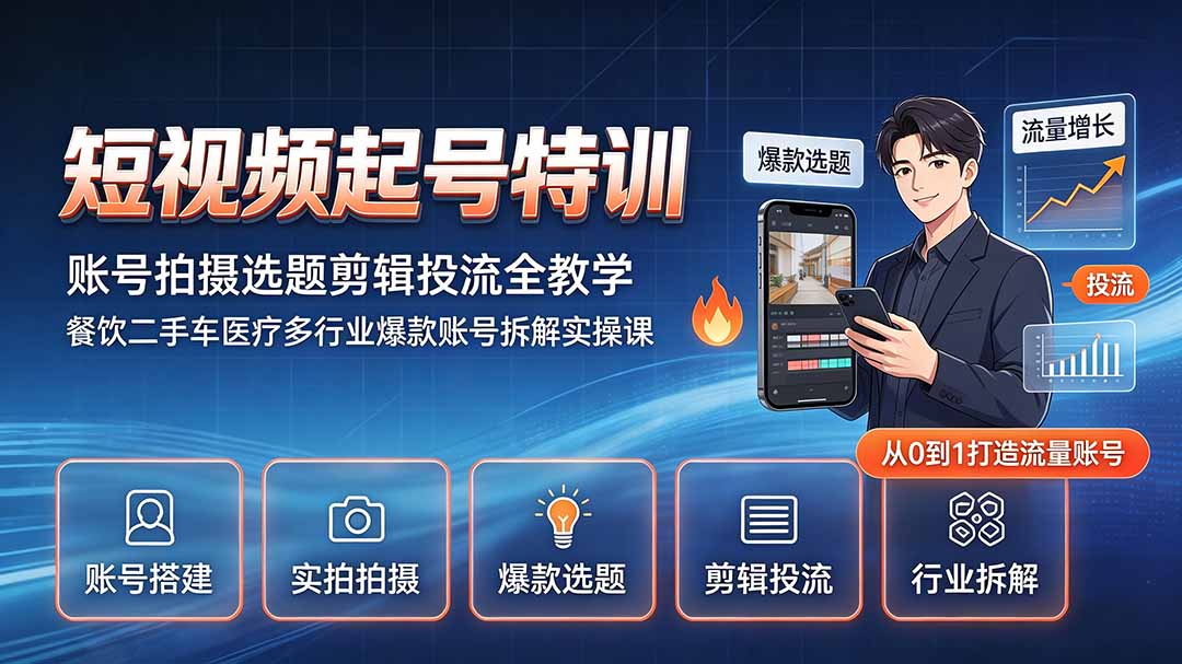 短视频起号特训｜账号拍摄选题剪辑投流全教学，餐饮二手车医疗多行业爆款账号拆解实操课-资源宝库