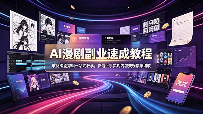 AI漫剧副业速成教程，取材编剧剪辑一站式教学；快速上手实现内容变现接单增收-资源宝库