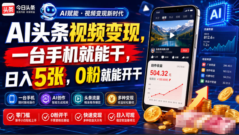 AI头条视频变现，一台手机就能干，日入5张，0粉就能开干-资源宝库