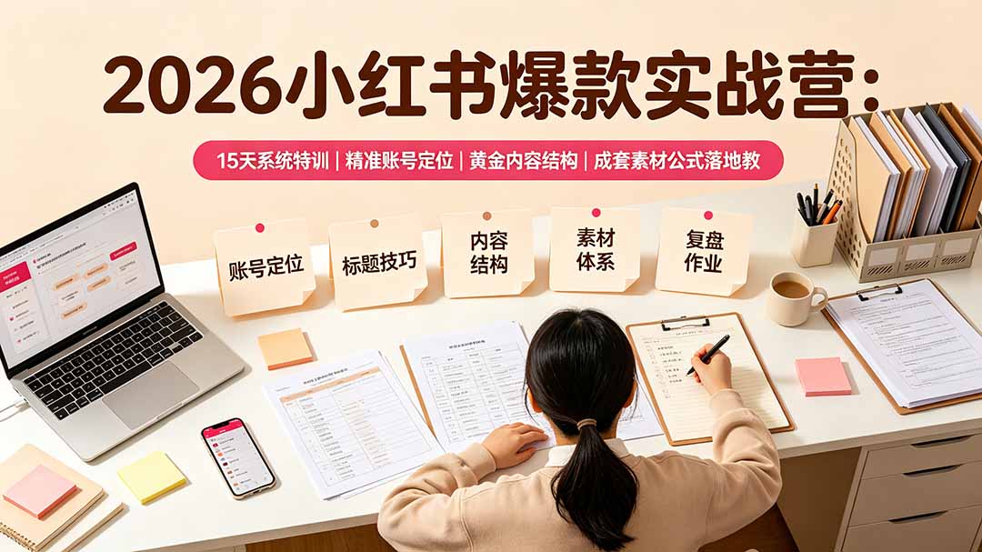 2026小红书爆款实战营:15天系统特训|精准账号定位|黄金内容结构|成套素材公式落地教程-资源宝库