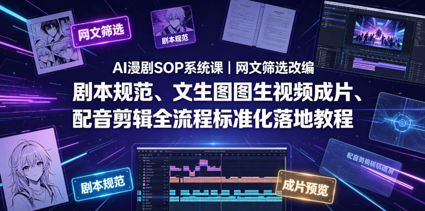 AI漫剧SOP系统课｜网文筛选改编、剧本规范、文生图图生视频成片、配音剪辑全流程标准化落地教程-资源宝库
