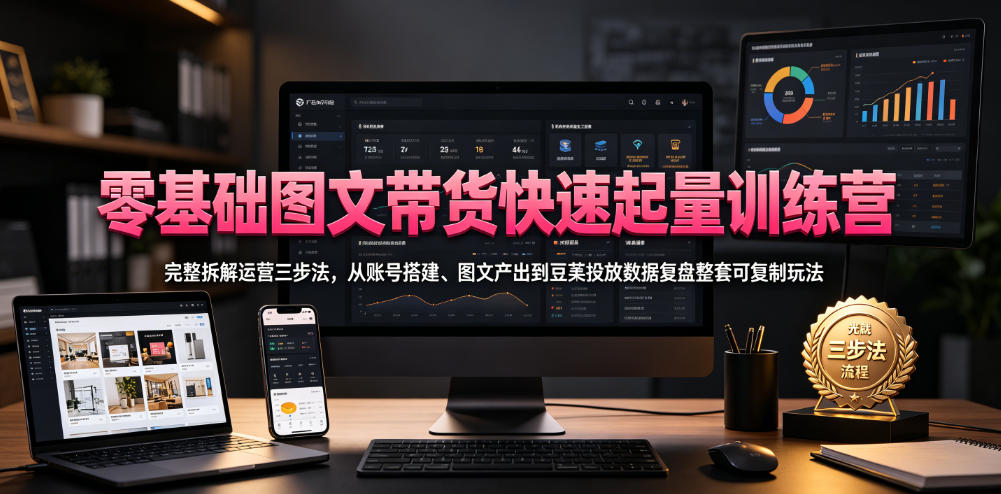 零基础图文带货快速起量训练营，完整拆解运营三步法，从账号搭建、图文产出到豆荚投放数据复盘整套可复制玩法-资源宝库