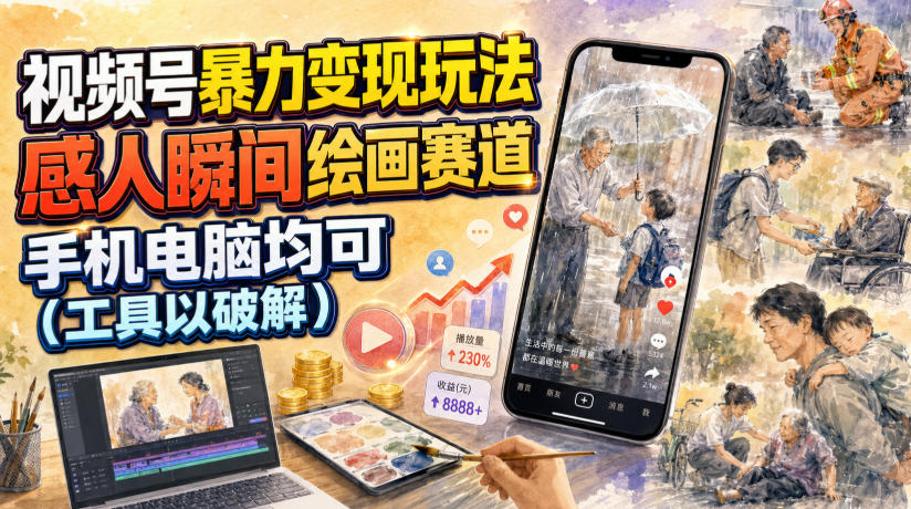 视频号暴力变现玩法，感人瞬间绘画赛道，手机电脑均可-资源宝库