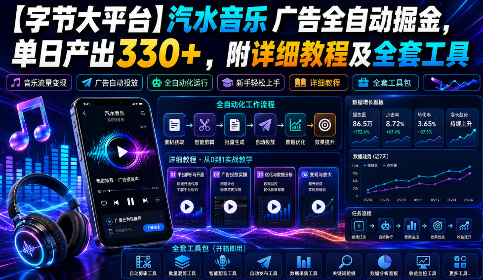 【字节大平台】汽水音乐广告全自动掘金,单日产出330+,附详细教程及全套工具【揭秘】-资源宝库
