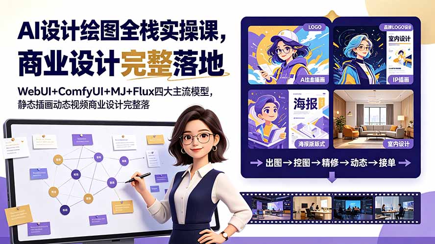 AI设计绘图全栈实操课,WebUI+ComfyUI+MJ+Flux四大主流模型,静态插画动态视频商业设计完整落地教程-资源宝库