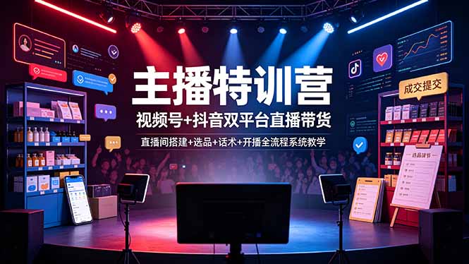 主播特训营：视频号+抖音双平台直播带货，直播间搭建+选品+话术+开播全流程系统教学-资源宝库
