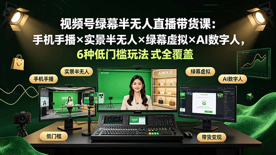 视频号绿幕半无人直播带货课：手机手播×实景半无人×绿幕虚拟×AI数字人，6种低门槛玩法全覆盖-资源宝库