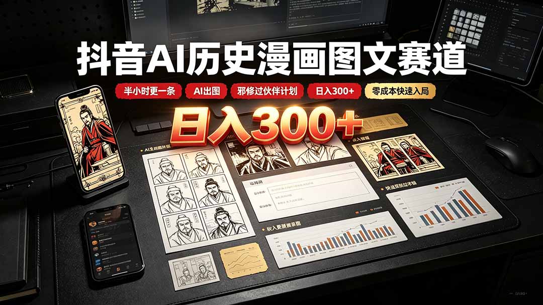 抖音AI历史漫画图文赛道:半小时更一条×AI出图×邪修过伙伴计划×日入300+,零成本快速入局-资源宝库