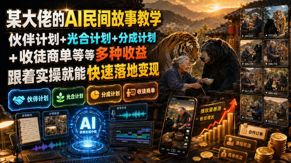 某大佬的AI民间故事教学，伙伴计划+光合计划+分成计划+收徒商单等多种收益，跟着实操就能快速落地变现-资源宝库