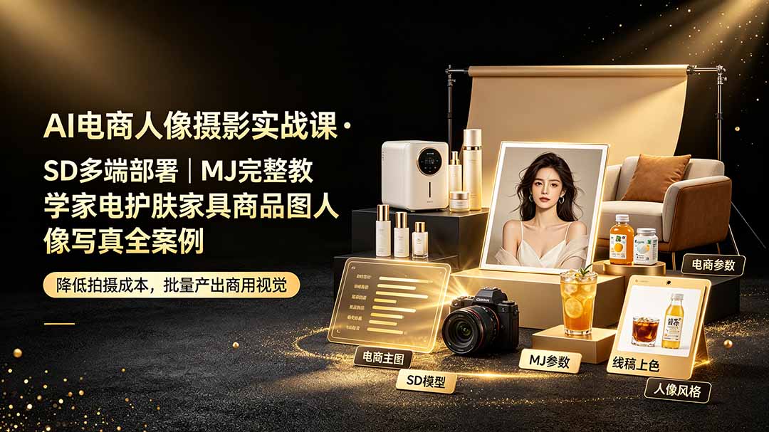 AI电商人像摄影实战课·SD多端部署|MJ完整教学|家电护肤家具商品图人像写真全案例-资源宝库