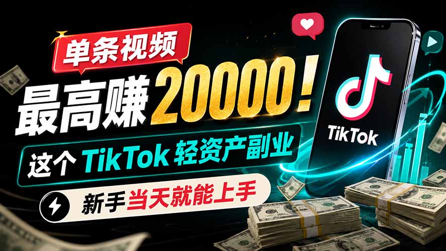 单条视频最高赚 20000!这个 TikTok 轻资产副业,新手当天就能上手-资源宝库