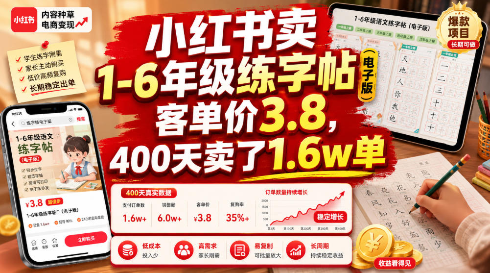 小红书卖1-6年级练字帖(电子版)，客单价3.8，400天卖了1.6w单-资源宝库